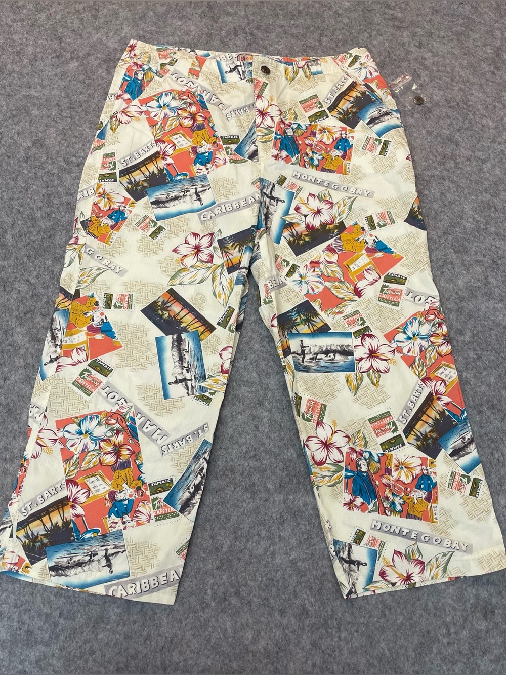 Caribbean Joe Capri Pants Womens 14 Tropical Postcard Print Cotton Resort Beach